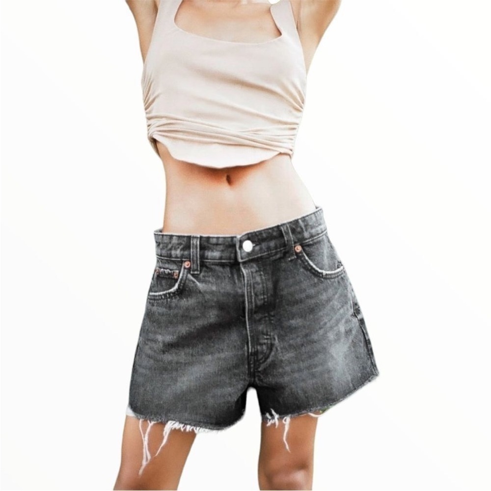 Zara Straight Cut Shorts Black Gray Denim Cutoff Buttonfly